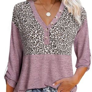 Women's Casual 3/4 Sleeve Shirts Loose Fit V Neck Button Up Tunic Tops